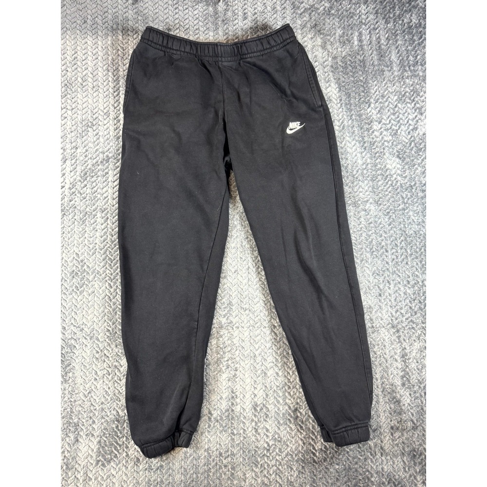 Nike Jogger Pants Men Medium Black Tapered Leg Mid Rise Swoosh Logo Fleece Lined